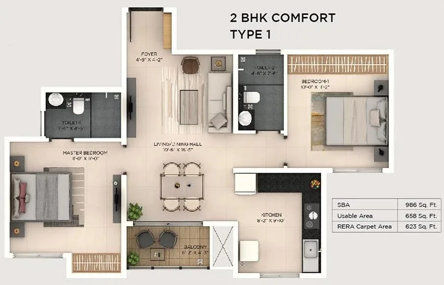 Purva Budigere Road 2 BHK Comfort Type 1 floor plan, 986 sq ft super built-up area