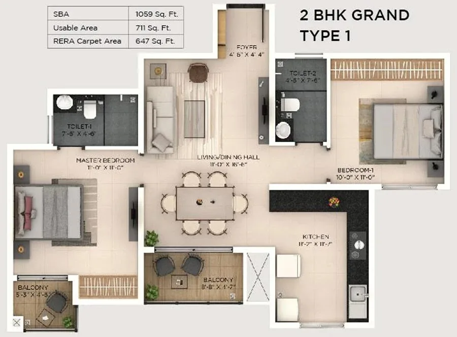 Purva Budigere Road 2 BHK Grand Type 1 floor plan, 1,059 sq ft super built-up area