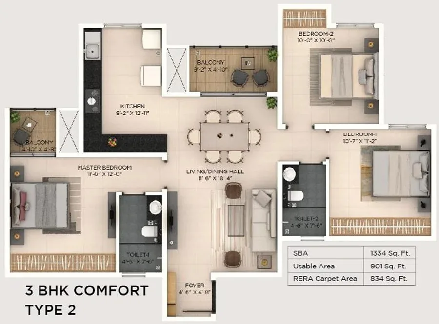 Purva Budigere Road 3 BHK Comfort Type 2 floor plan, 1,334 sq ft super built-up area