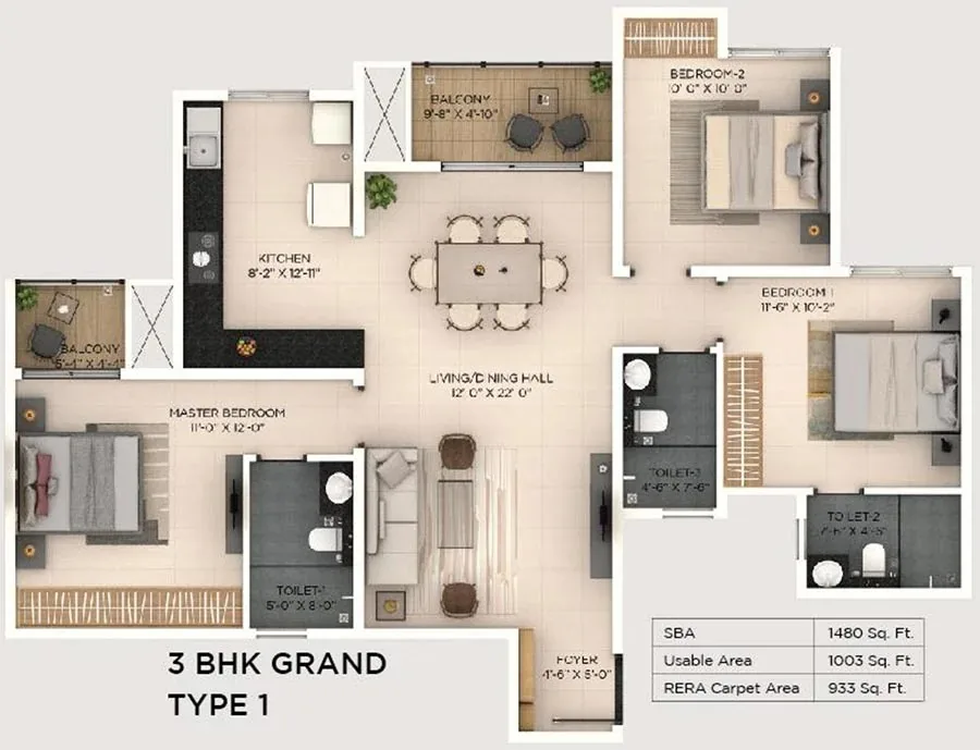 Purva Budigere Road 3 BHK Grand Type 1 floor plan, 1,480 sq ft super built-up area