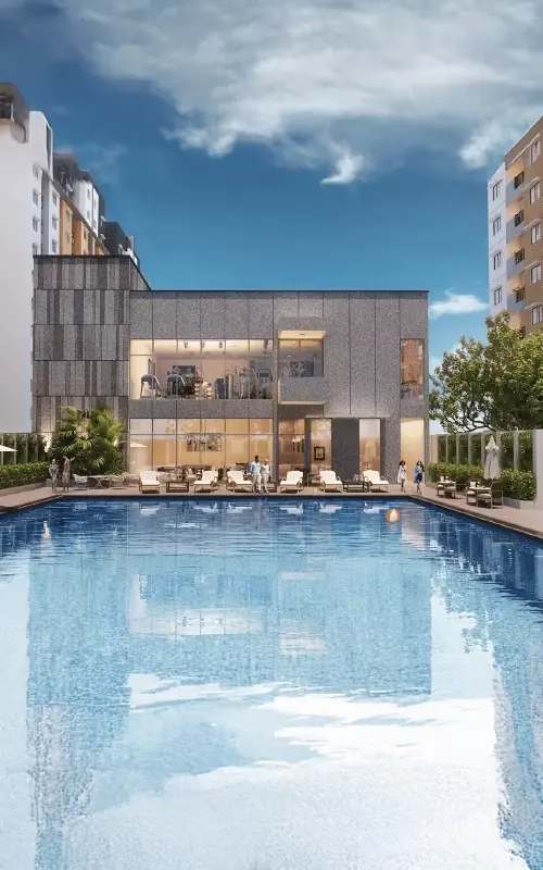 Concept render of clubhouse building with adjoining pool deck