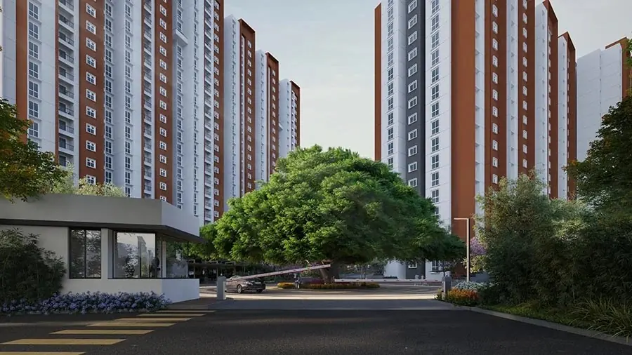 Concept render of tower entrance and landscaped driveway for Purva Budigere Road
