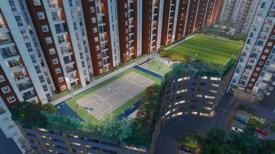 Concept render of podium-level sports courts between residential towers