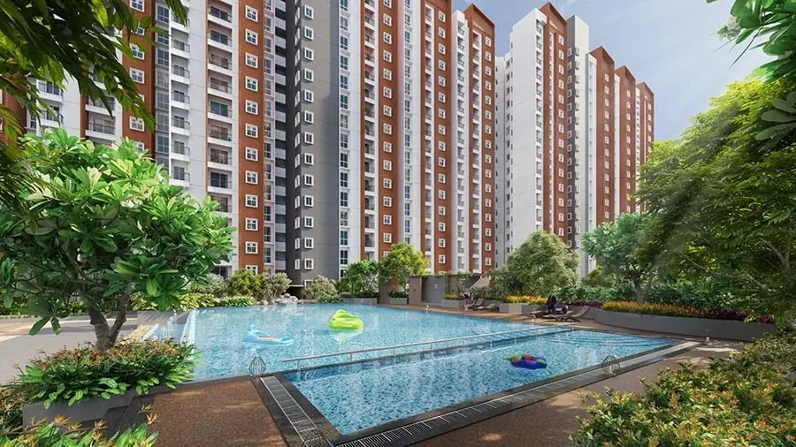 Concept render of swimming pool deck with residential towers in the background