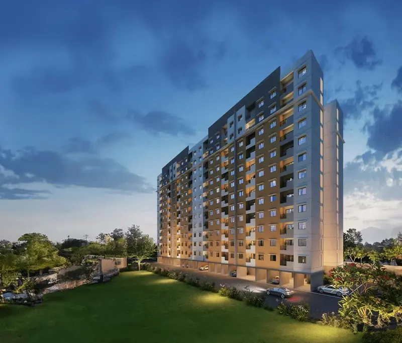 Concept render of high-rise tower exterior lit up at twilight